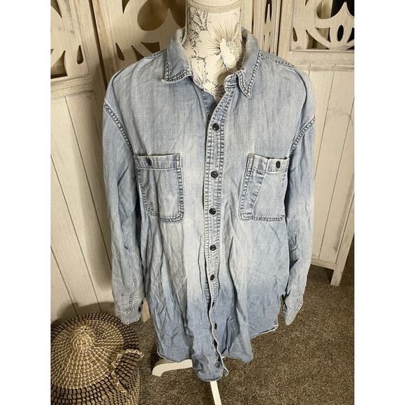 VINTAGE LL Bean Shirt Blue Denim Long Sleeve Casual Distressed Mens Large Tall - Picture 1 of 7